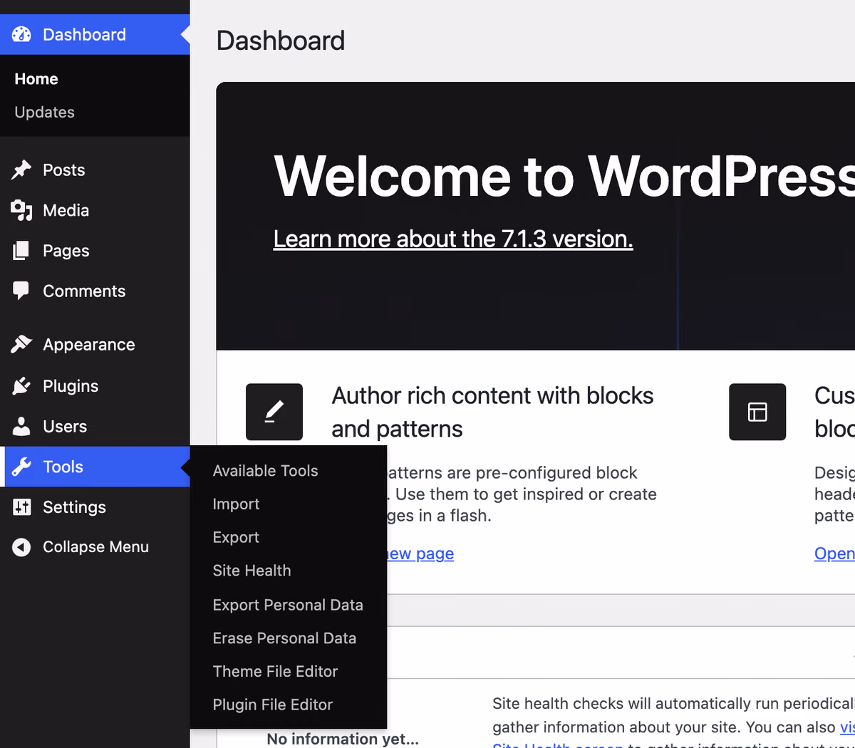 WordPress dashboard sidebar with the Tools menu open and Site Health in it