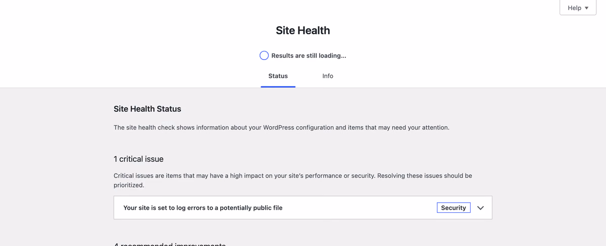 The Site Health page, with the Status and Info tabs at the top