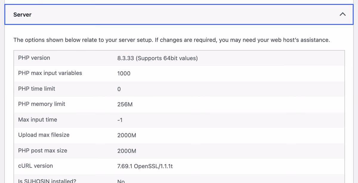 The Server section of the Info tab, showing the PHP version row
